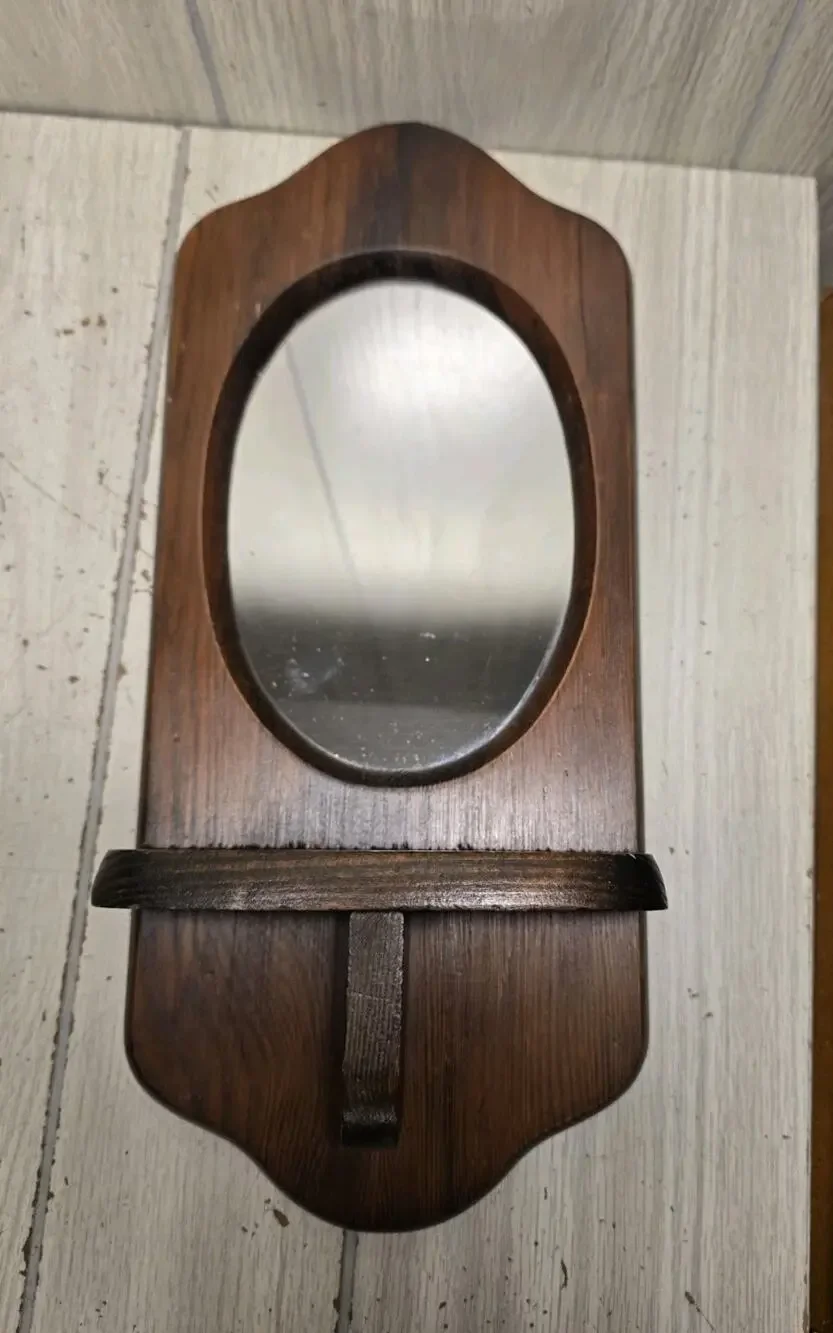 Vintage Rustic Wooden Wall Oval Mirror Shelf 15